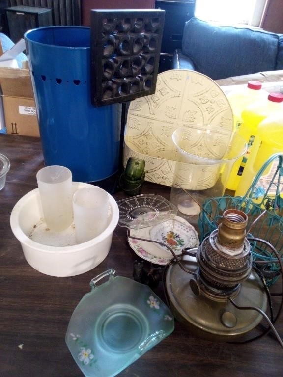 Lot of miscellaneous home items glass, dog bowl,