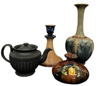 Antique Pottery Vases, Candlestick & Basalt Teapot