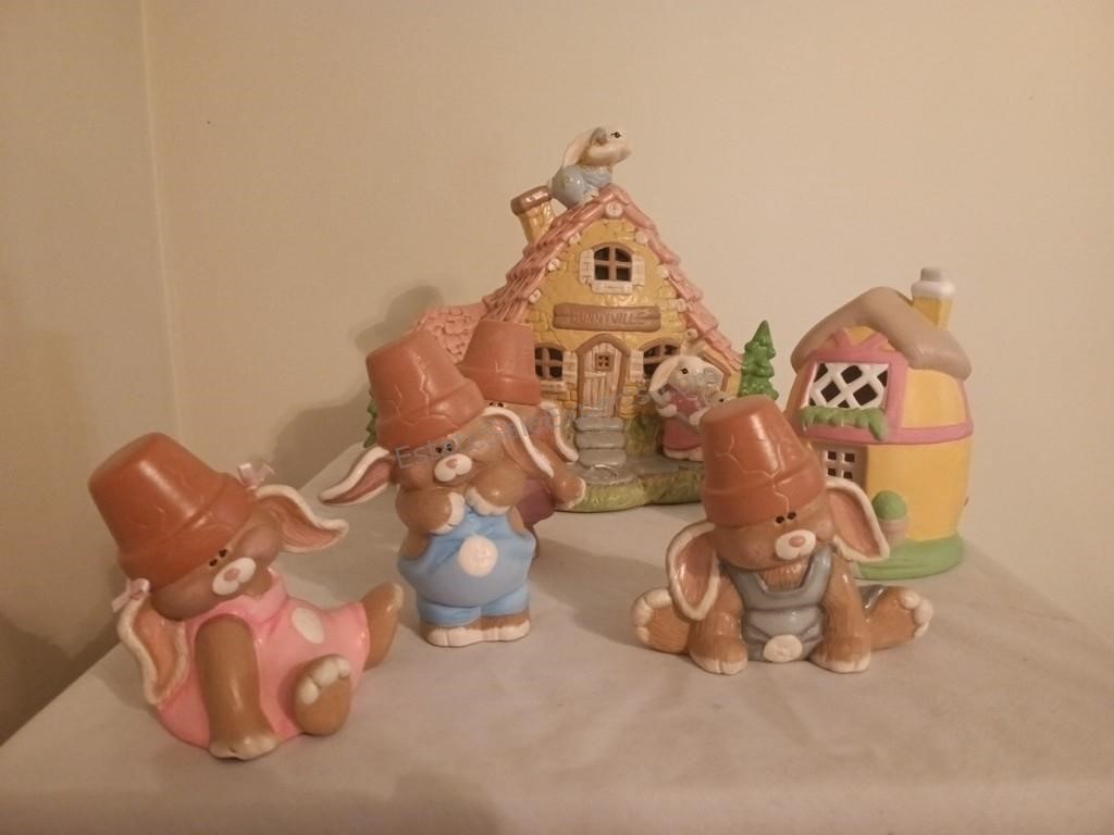 Ceramic Bunnies and  Easter Light Up House