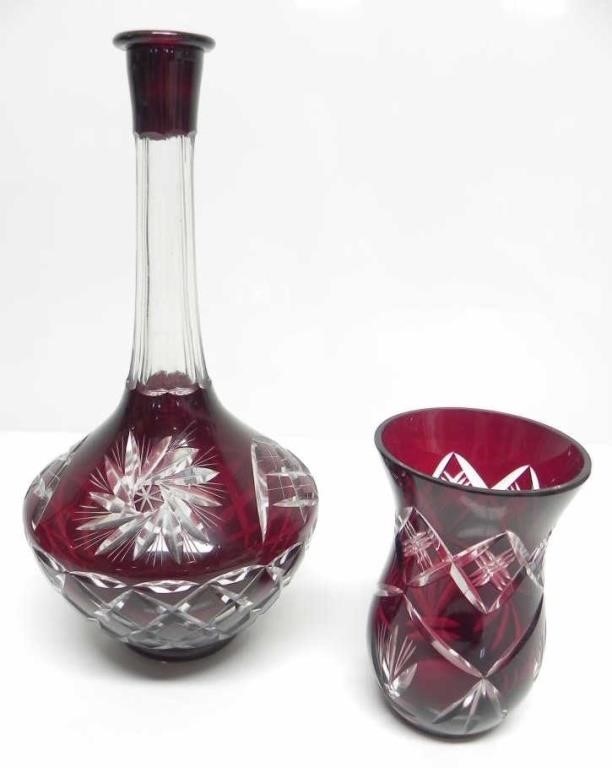 2 RUBY RED CUT GLASS VASES-STAR PATTERN