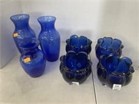 Indiana glass vases , cobalt blue petal bowl