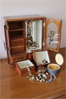 Wood & Glass Jewelry Box & Contents