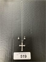 Sterling Silver Cross Necklace & Clear Stone Stud