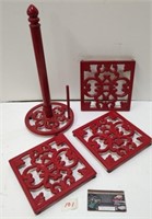 Cast Iron Red Trivets & Paper Towel Holder