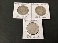 1901, 1907-D and 1909 Barber Half Dollars