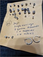 30pc single earrings diamonds sapphires rubies