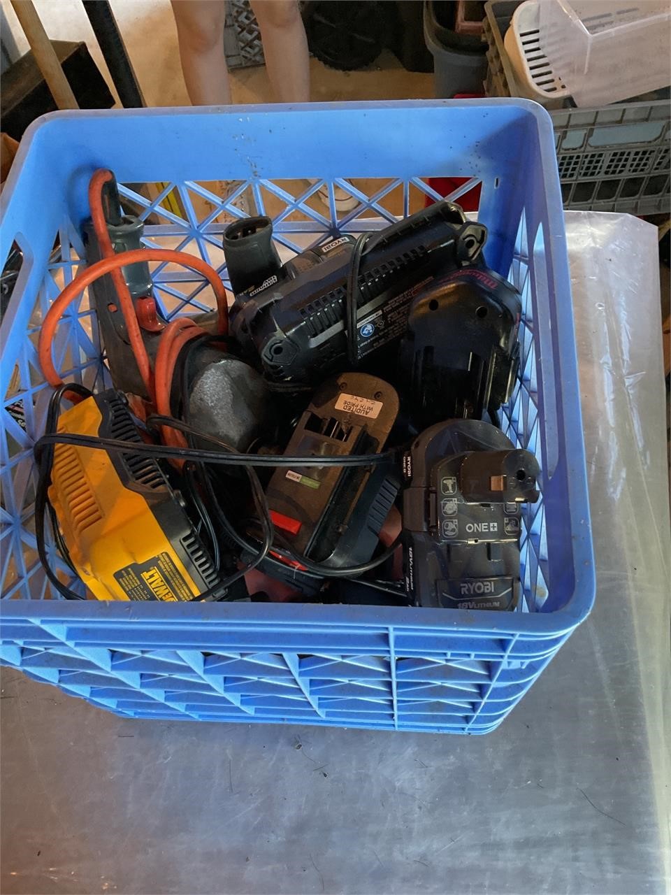 Crate lot of drill chargers and vintage drill