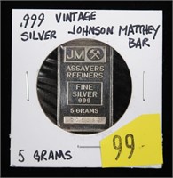 .999 Silver vintage Johnson Matthey -5 gram bar