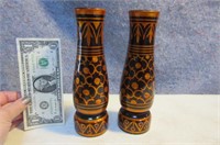 2 Vintage handpainted 8" Wooden Vases