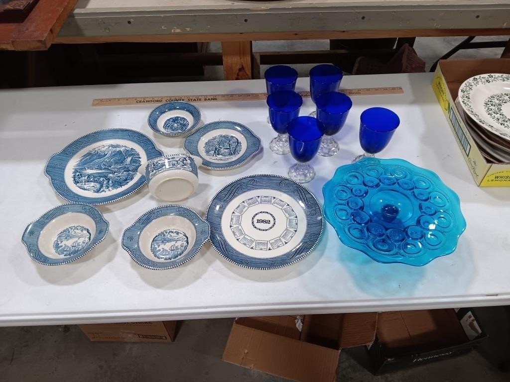 Currier & Ives. Blue Pedestal Plate. Six Blue
