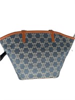 Blue & White Denim Brown Leather Trim Tote Bag