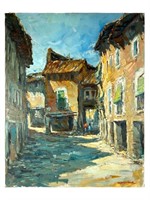 Alquezar, Spain, Plaza Mayor, Oil on Canvas