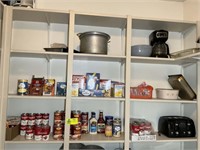 TOP 3 SHELVES WITH CAN GOODS, TOASTER OVEN, AND ST