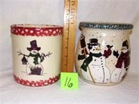 2 snowman decorated crocks