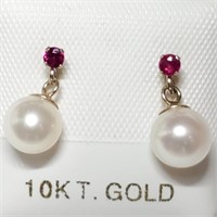 $200 10K  Ruby(0.07ct) Pearl Earrings