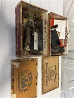 Old old cigar boxes with pipes and miscellaneous