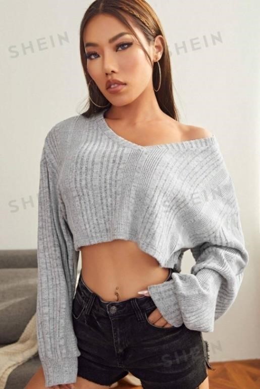 Women's V-Neck Drop Shoulder Rib-Knit Crop Tee, M