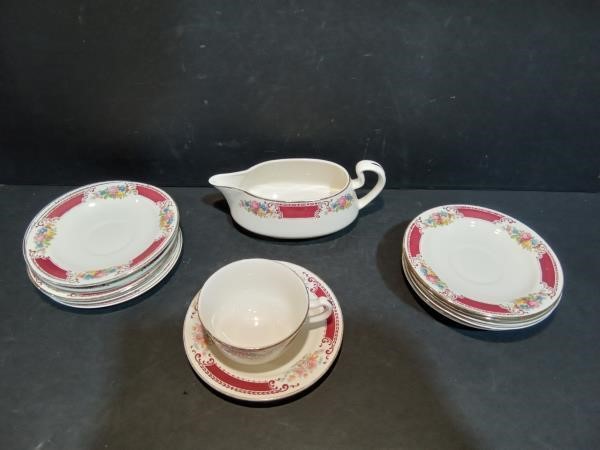 Homer Laughlin Gravy Boat, Tea Cup and 13 Saucers