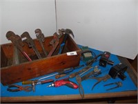 Tools, batteries in wooden box