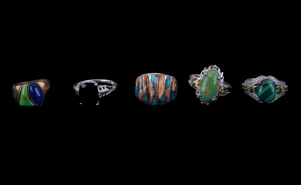 Five Sterling Rings w/ Different Seated Stones