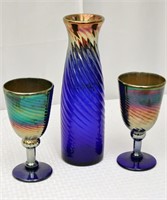 Iridescent Blue Art Glass Goblets & Carafe