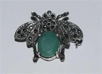 Sterling Silver Bee Brooch w/ Emerald & Marcasite