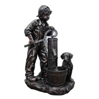 Boy and Dog at Water Pump Fountain Self Contained