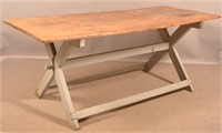 Early 19th Century Sawbuck Stretcher Base Table.