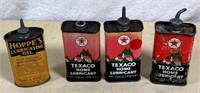 4 pcs- 4 oz Oil cans- TEXACO & HOPPES