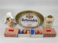 2) WUXI CLAY FIGURES, SCHMIDT'S TRAY, TALC TIN