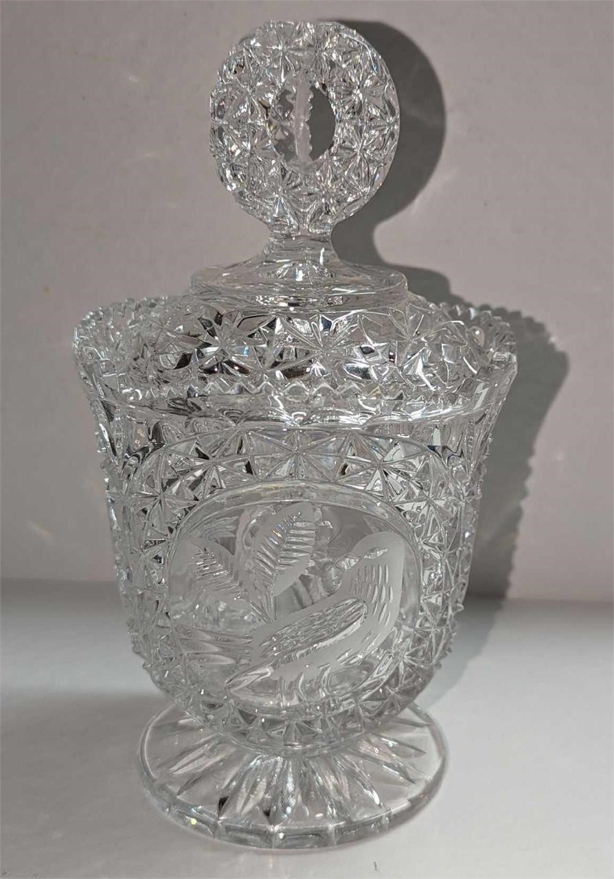 Vintage Crystal Candy Dish With Etched Birds