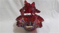 Fenton red Carnival Diamond Lace 3 lily epergne,