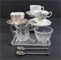 Bone China Tea Cups, Crystal Condiment Set