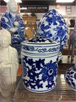 Blue and white lidded jar