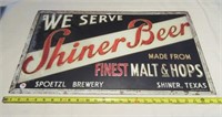 Shiner Beer tin sign. Measures 15" X 26".