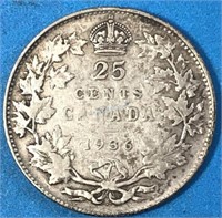 1936 DOT 25 Cents Silver Canada