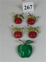PASTELLI GREEN APPLE PIN AND FOUR GERRY'S CHERRY