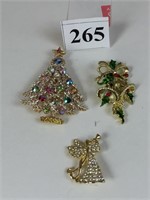 THREE CHRISTMAS PINS WEISS RHINESTONE CHRISTMAS