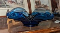 Blue Ruffled edge art glass bowl