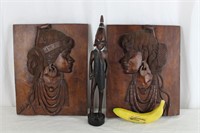 Vtg. "African Women" Carved Wood Plaques + Statue