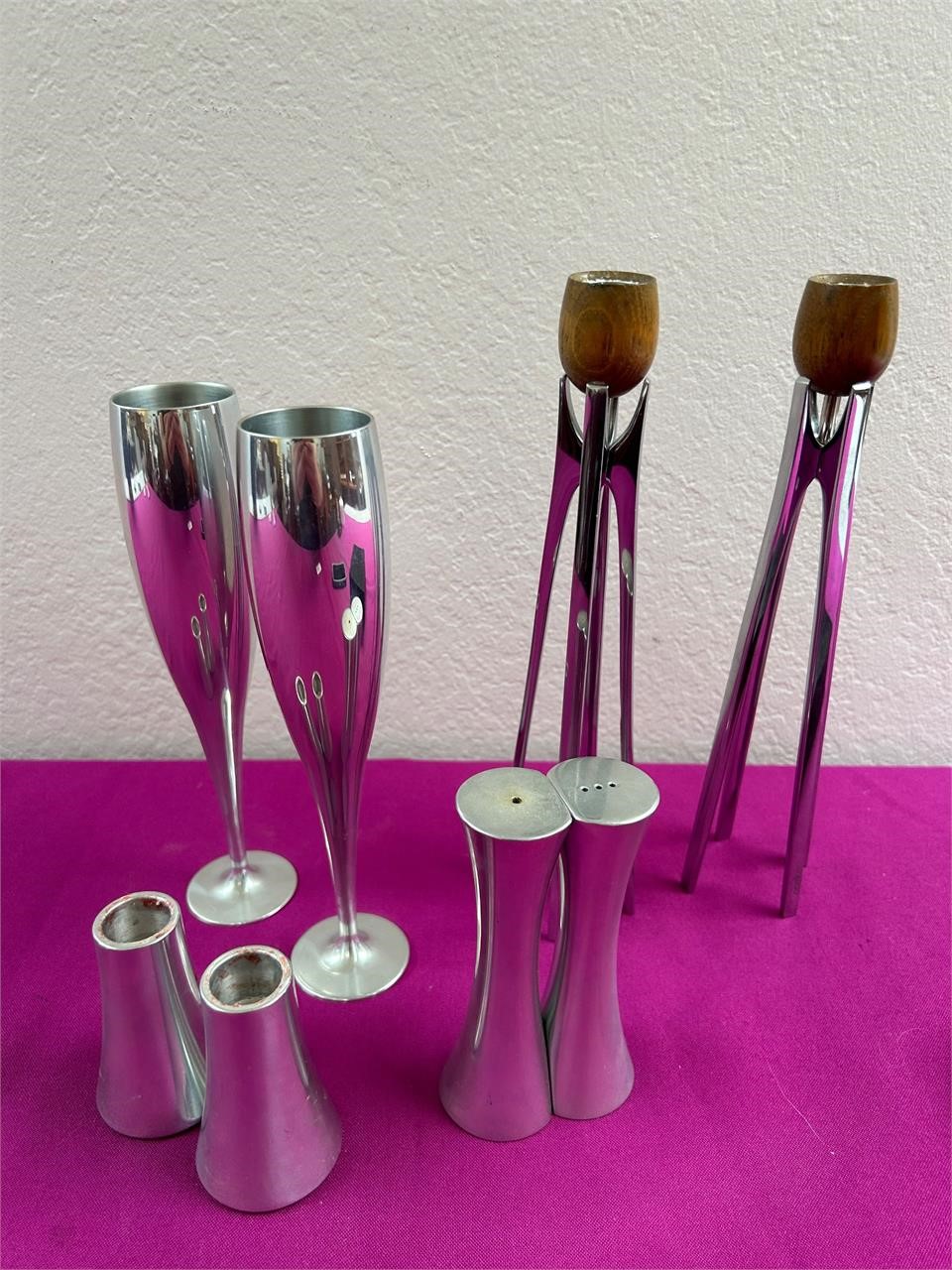Nambe Candle Sticks, S&P Shakers, Champagne +