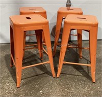 4 Orange Metal Stools, 15 1/2" square x 24” tall