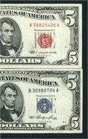 (2 NOTES) $5 1963 / 1953 United SN / Silver Cert