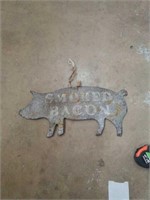 Smaller metal smoked bacon sign. Measures 1ft 8in