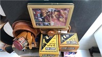 1 x Box lot Misc Wooden Items & Assorted Tins