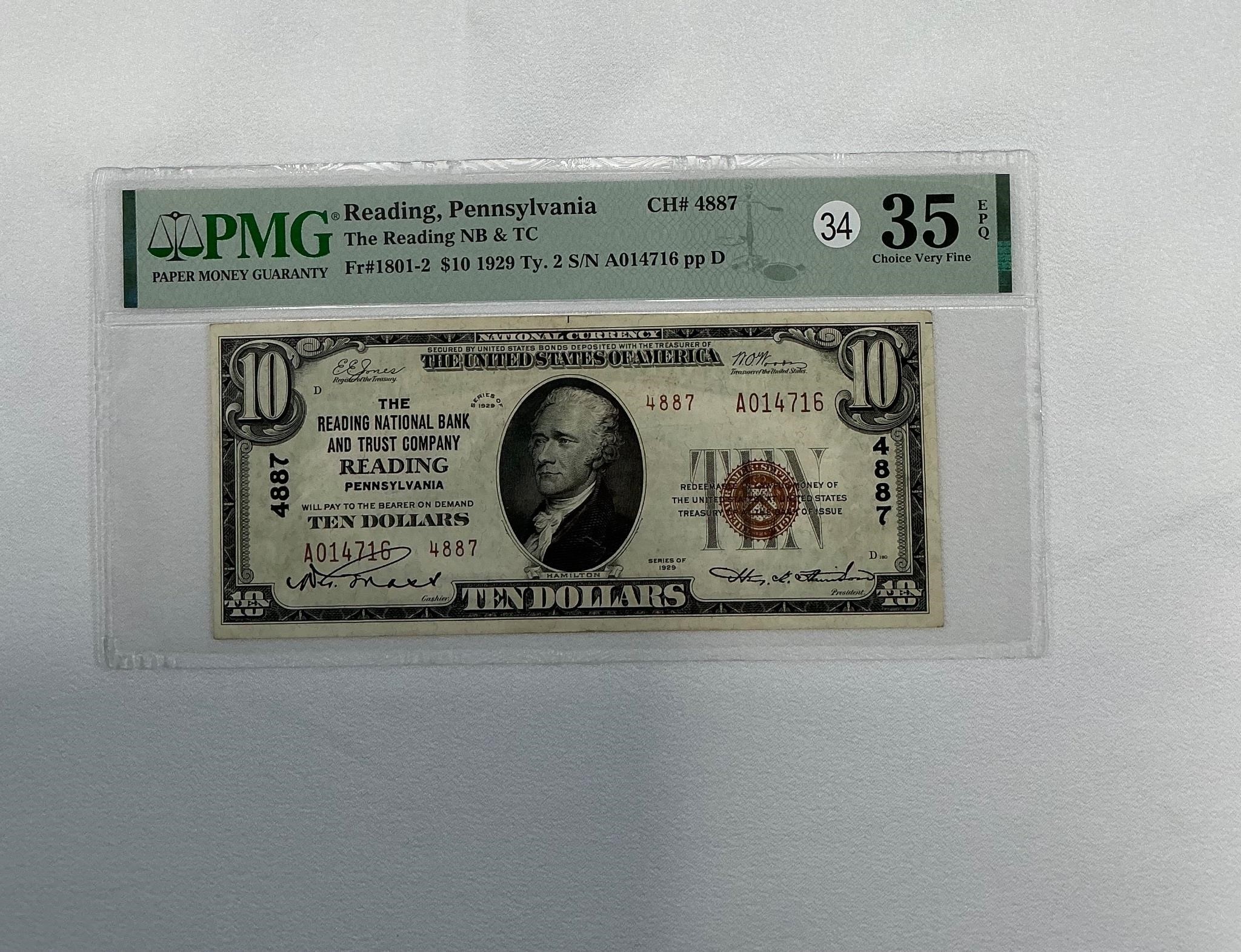 Graded 1929 $10 Reading, PA Bank Note
