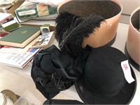 2 Hats, Hat Box, and 2 Black Feathers