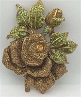 Vintage Gold Tone Floral Brooch W Colored Stones