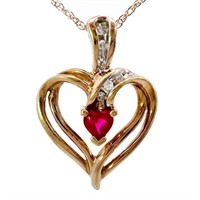 Ruby & Diamond Swirl Heart Pendant 10k Yellow Gold