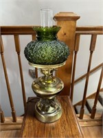 Brass converted oil lamp w/ green glass globe